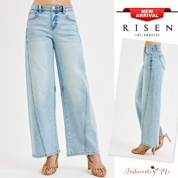 RISEN Mid Rise Waist Zipper Fly Stretch Light Blue Wash Barrel Leg Denim Jeans - Picture 1 of 7
